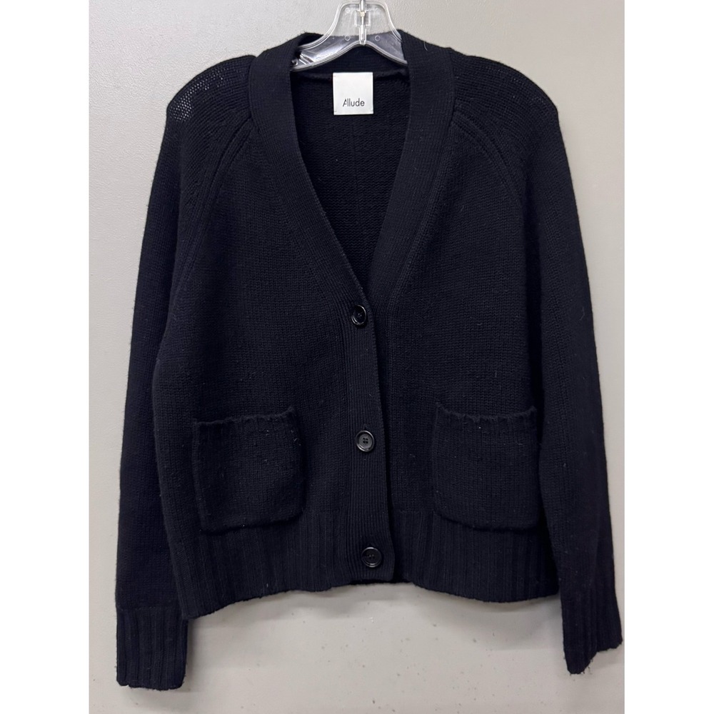 ALLUDE V-Neck Virgin Wool-Cashmere Cardigan in Black Womens size Medium